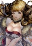 1girl :d anila_(granblue_fantasy) bangs blonde_hair blunt_bangs breast_squeeze breasts bright_pupils commentary_request curled_horns dress granblue_fantasy highres horns large_breasts long_hair looking_at_viewer open_mouth orange_eyes shimashima_(simasima_23) short_eyebrows smile solo thick_eyebrows upper_body v_arms white_dress 