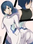  1girl ass bangs black_shirt blue_hair bodysuit closed_mouth collarbone commentary_request darling_in_the_franxx green_eyes hand_to_own_mouth head_tilt ichigo_(darling_in_the_franxx) looking_at_viewer shirt short_hair skin_tight sleeveless sleeveless_shirt solo tasora twitter_username 