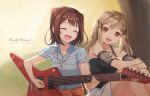  2girls :d ^_^ ^o^ backlighting bang_dream! black_shirt blonde_hair blue_shirt blush breast_pocket brown_hair character_name closed_eyes collarbone collared_shirt copyright_name dated detached_sleeves feet_out_of_frame hair_ornament head_tilt ichigaya_arisa instrument jewelry knees_up looking_at_viewer multiple_girls music necklace open_mouth outdoors pendant playing_instrument plectrum pocket see-through shiny shiny_hair shirt short_hair short_sleeves signature sitting smile star star_necklace starfish_hair_ornament tareme toyama_kasumi tree tsuruki_noki twintails upper_body white_shirt wing_collar x_hair_ornament yellow_eyes 