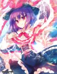  1girl amo artist_name black_hat black_skirt bow bowtie capelet commentary_request corset electricity frilled_skirt frills hat hat_bow highres long_sleeves looking_at_viewer nagae_iku purple_hair red_bow red_eyes red_string shawl shirt short_hair skirt smile solo string touhou white_shirt 