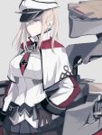  1girl anchor black_gloves black_legwear blue_eyes breasts capelet contrapposto cowboy_shot gloves hand_on_hip kantai_collection long_sleeves looking_away machinery man_naka necktie pantyhose pleated_skirt skirt standing twintails white_hair white_uniform 