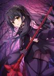  1girl black_hair blush bodysuit cosplay eyes fate/kaleid_liner_prisma_illya fate_(series) floating_hair forest hair_between_eyes highres holding holding_weapon long_hair looking_at_viewer miyu_edelfelt morokoshi_(tekku) nature night open_mouth outdoors polearm scathach_(fate/grand_order) scathach_(fate/grand_order)_(cosplay) shiny shiny_clothes solo spear tree weapon yellow_eyes 