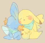 bandanna closed_eyes closed_mouth clothed_pokemon facing_viewer grey_background hideko_(l33l3b) mudkip no_humans pale_color parted_lips pikachu pokemon pokemon_(creature) simple_background sitting sleeping 