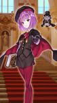  1girl alternate_costume black_cape black_gloves black_hat black_jacket black_skirt black_vest blush book cape commentary_request creature eyebrows_visible_through_hair fate/grand_order fate_(series) feet_out_of_frame gloves hat helena_blavatsky_(fate/grand_order) highres holding holding_book indoors jacket long_sleeves looking_at_viewer matsuryuu medal multicolored multicolored_cape multicolored_clothes pantyhose pencil_skirt purple_hair red_cape red_legwear shirt short_hair skirt smile solo stairs standing vest violet_eyes white_shirt 