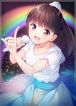  1girl blush brown_eyes brown_hair hair_ornament highres long_hair looking_at_viewer open_mouth ponytail rainbow real_life ribbon seiyuu skirt smile solo sora_from_france touyama_nao 