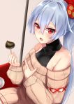  1girl absurdres bare_shoulders casual chestnut chocolate fate/grand_order fate_(series) highres mitsudomoe_(shape) nanakaku ponytail red_eyes ribbed_sweater silver_hair solo sweater tomoe_(symbol) tomoe_gozen_(fate/grand_order) 