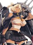  1girl black_gloves blonde_hair breasts cape cleavage cowboy_shot from_below glasses gloves kantai_collection looking_at_viewer machinery man_naka partly_fingerless_gloves pleated_skirt red_eyes short_hair skirt standing tan thigh-highs zettai_ryouiki 