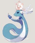 blue_eyes blush bright_pupils dragonair grey_background hideko_(l33l3b) looking_at_viewer no_humans on_head pokemon pokemon_(creature) red_eyes signature simple_background swirlix tongue tongue_out