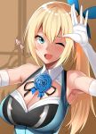  1girl ;d armpits bare_shoulders blonde_hair blue_eyes blue_flower blue_rose blush breasts center_opening cleavage don_(don_0608) elbow_gloves eyebrows_visible_through_hair flower gloves half-closed_eyes heart highres large_breasts long_hair looking_at_viewer mirai_akari mirai_akari_project one_eye_closed open_mouth rose side_ponytail smile solo upper_body white_gloves 