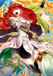  2girls armlet armor armored_boots black_legwear boots breasts cape celica_(fire_emblem) detached_collar dress earrings fire fire_emblem fire_emblem_echoes:_mou_hitori_no_eiyuuou futabaaf green_hair hairband highres horn jewelry long_hair medium_breasts mila_(fire_emblem) miniskirt multiple_girls open_mouth pelvic_curtain projected_inset rapier red_eyes redhead skirt sword thigh-highs weapon white_dress yellow_eyes zettai_ryouiki 