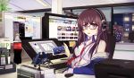  1girl aircraft airplane azur_lane bespectacled between_breasts bilibili_douga blue_eyes brown_hair building cellphone cola commentary_request computer glasses headphones highres holding keyboard long_hair long_island_(azur_lane) looking_at_viewer monitor necktie necktie_between_breasts office phone pixiv skyscraper smartphone soda_bottle solo stylus table tablet_pc tianyu_jifeng 