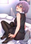  1girl black-framed_eyewear black_dress black_legwear dress eyes_visible_through_hair fate/grand_order fate_(series) glasses hair_over_one_eye highres kyuuso_inukami lavender_hair mash_kyrielight necktie open_mouth pantyhose purple_hair shielder_(fate/grand_order) short_hair solo violet_eyes 