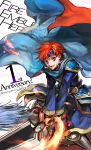  1boy absurdres armor blue_eyes cape fire fire_emblem fire_emblem_heroes headband highres redhead roy_(fire_emblem) sword wada_sachiko weapon 