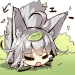  1girl =_= ahoge animal_ears bangs bush chibi closed_eyes crying eyebrows_visible_through_hair fox_ears fox_girl fox_tail leaf leaf_on_head long_hair lying on_stomach open_mouth original outdoors shirt silver_hair solo tail tears very_long_hair white_shirt yuuji_(yukimimi) 