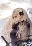  1girl absurdres bangs bird black_gloves blonde_hair blunt_bangs blush bow branch commentary gloves hair_bow highres katana long_hair looking_to_the_side messy_hair mountain original outdoors owl parted_lips pointy_ears revision slit_pupils solo sunglasses sword toriumi_harumi upper_body weapon yellow_eyes 