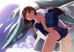  1girl :&lt; absurdres adjusting_clothes adjusting_swimsuit ass bag bent_over blue_sky blue_swimsuit blush bow bow_panties bracelet breasts brown_eyes brown_hair brown_skirt closed_mouth clothes_removed clouds day eyebrows_visible_through_hair from_behind hair_ornament hairclip highres jewelry kamogawa_girls&#039;_high_school_swimsuit kamogawa_girls&#039;_high_school_uniform kyouno_madoka long_hair looking_at_viewer looking_back mecha medium_breasts official_art one-piece_swimsuit outdoors panties pink_bow pleated_skirt rinne_no_lagrange sailor_collar school_bag school_swimsuit school_uniform shiny shiny_hair shiny_skin single_stripe skirt sky solo standing swimsuit underwear vox_aura watanabe_akio white_panties white_sailor_collar 