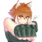  absurdres animal_ears antenna_hair blazblue blurry blush breasts brown_hair clenched_hands depth_of_field fingerless_gloves gloves highres large_breasts looking_at_viewer makoto_nanaya multicolored_hair orange_eyes punching shirt smile squirrel_ears taut_clothes taut_shirt thore_(nathalukpol) two-tone_hair upper_body white_background 