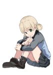  1girl aki_(girls_und_panzer) ankle_boots bangs blue_footwear blue_jacket blue_skirt boots closed_mouth cross-laced_footwear eyebrows_visible_through_hair from_side full_body girls_und_panzer green_eyes grey_legwear hair_tie invisible_chair jacket kabotya_to_rantan keizoku_military_uniform lace-up_boots light_brown_hair long_sleeves looking_at_viewer military military_uniform miniskirt pleated_skirt raglan_sleeves short_hair short_twintails simple_background sitting sketch skirt smile socks solo track_jacket twintails uniform white_background 