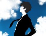 1boy black_hair black_jacket black_neckwear blue_sky clouds cloudy_sky collared_shirt copyright_request glasses jacket long_sleeves male_focus necktie outdoors parted_lips profile shirokuro-kun shirt sky smile solo twitter_username upper_body white_shirt wing_collar 