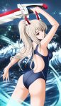  1girl ass ayanami_(azur_lane) azur_lane blonde_hair blue_swimsuit commentary_request competition_swimsuit cowboy_shot from_behind headgear horizon long_hair looking_at_viewer looking_back one-piece_swimsuit ponytail rakusai_(saisai_garou) red_eyes solo swimsuit sword waves weapon 