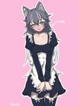  absurdres alternate_costume animal_ears blush bow bow_legwear bowtie choker collar embarrassed enmaided grey_wolf_(kemono_friends) hands_on_lap hdx39f heterochromia highres kemono_friends long_hair maid multicolored_hair thigh-highs translation_request wolf_ears 
