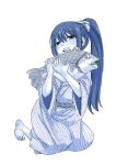  1girl alternate_hairstyle barefoot bath_yukata fairy_tail fish holding_fish japanese_clothes kimono kneeling long_hair looking_at_viewer mashima_hiro monochrome open_mouth ponytail simple_background smile solo wendy_marvell white_background yukata 