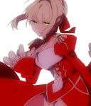  1girl bangs blonde_hair commentary_request dress fate/extra fate_(series) hair_between_eyes hair_ribbon hand_on_own_chest hand_up hiiragi_fuyuki long_sleeves looking_at_viewer nero_claudius_(fate) nero_claudius_(fate)_(all) parted_lips red_dress red_eyes red_ribbon ribbon saber_extra short_hair simple_background solo standing white_background wide_sleeves 
