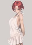  1girl apron arms_behind_back blue_eyes boudica_(fate/grand_order) breasts closed_mouth earrings fate/grand_order fate_(series) from_side grey_background highres jewelry large_breasts looking_at_viewer naked_apron parted_lips pink_lips ranma_(kamenrideroz) redhead short_hair short_ponytail sideboob smile solo strap_gap white_apron 