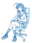  1girl :d bangs bbb_(friskuser) blue chair eyebrows_visible_through_hair full_body girls_und_panzer highres isuzu_hana legs_crossed loafers long_hair long_sleeves looking_at_viewer miniskirt monochrome neckerchief office_chair ooarai_school_uniform open_mouth own_hands_together pleated_skirt school_uniform serafuku shoes simple_background skirt smile solo straight_hair swept_bangs tareme white_background 