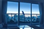  animal balcony bird blue blue_sky building carpet city cityscape couch crow curtains day gensuke_(ryun) house indoors no_humans original pillow reflection scenery sky sliding_doors sunlight table window wooden_floor 