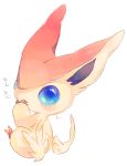  blue_eyes from_behind hand_to_own_mouth hand_up hideko_(l33l3b) highres looking_at_viewer looking_back no_humans pokemon pokemon_(creature) signature simple_background sitting solo victini white_background 