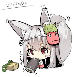  1girl absurdly_long_hair animal_ears bangs bare_arms barefoot beans blush_stickers chibi dated eating ehoumaki eyebrows_visible_through_hair food fox_ears fox_girl fox_tail hair_between_eyes holding holding_food long_hair looking_at_viewer makizushi mask mask_on_head masu oni_mask original pink_skirt red_eyes setsubun shirt silver_hair simple_background skirt sleeveless sleeveless_shirt standing sushi tail very_long_hair white_background white_shirt yuuji_(yukimimi) 