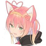  1girl ahoge animal_ears cat_ears commentary_request eyebrows_visible_through_hair green_eyes hair_between_eyes hair_ornament hairband heart heart_ahoge heart_hair_ornament highres hood hood_down hoodie koyoi_mitsuki long_hair parted_lips pink_hair portrait rosia_(show_by_rock!!) show_by_rock!! simple_background smile solo upper_body white_background 