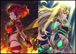  2girls arm_at_side arm_guards armor bangs black_border blonde_hair blush border breasts brown_eyes clenched_hand closed_eyes closed_mouth cowboy_shot dress elf faulds fingerless_gloves fire flame floating_hair from_side gem gloves glowing glowing_earrings headpiece mythra_(xenoblade) pyra_(xenoblade) jewelry large_breasts light_rays long_hair looking_afar medium_breasts midriff multiple_girls parted_lips pointy_ears profile red_gloves red_shorts redhead serious short_dress short_hair short_shorts short_sleeves shorts shoulder_armor skindentation smile standing sunbeam sunlight tiara tonami_kanji underbust very_long_hair white_dress wrist_guards xenoblade xenoblade_2 