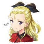  1girl artist_name assam black_ribbon blonde_hair blue_eyes closed_mouth dated girls_und_panzer hair_pulled_back hair_ribbon jacket long_hair looking_at_viewer military military_uniform portrait red_jacket ribbon shamakho signature simple_background smile solo st._gloriana&#039;s_military_uniform uniform white_background 