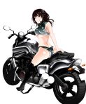  1girl ass bangs black_footwear black_hair boots breasts brown_eyes grin ground_vehicle high_heel_boots high_heels highres kurofood looking_at_viewer medium_breasts midriff motor_vehicle motorcycle original sidelocks simple_background smile solo teeth thigh-highs thigh_boots thighs white_background 