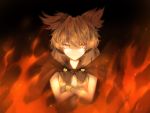  1girl artist_request blonde_hair bracelet brown_hair cape crossed_arms fire flame glowing glowing_eyes highres jewelry looking_at_viewer orange_eyes short_hair sleeveless solo touhou toyosatomimi_no_miko yellow_eyes 