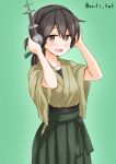  1girl anti_(untea9) bangs black_hair brown_eyes commentary_request cowboy_shot folded_ponytail gradient gradient_background green_background green_hakama green_kimono green_ribbon hair_ribbon hakama hakama_skirt hands_on_headphones headphones highres japanese_clothes kantai_collection kasuga_maru_(kantai_collection) kimono long_hair looking_at_viewer open_mouth remodel_(kantai_collection) ribbon smile solo swept_bangs taiyou_(kantai_collection) twitter_username 