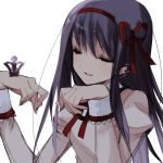  1girl absurdres akemi_homura arms_up bad_id bad_pixiv_id bangs bow drill_hair ears_visible_through_hair eyebrows_visible_through_hair fingernails hair_bow hairband hands_up highres long_hair looking_at_hands mahou_shoujo_madoka_magica misteor multicolored_shirt open_mouth purple_hair red_bow red_hairband school_uniform sketch solo tied_hair twintails white_background 