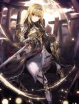  1girl armor bangs blonde_hair blush breasts closed_mouth eyebrows_visible_through_hair fantasy full_body full_moon gywlsfkdl highres holding holding_sword holding_weapon long_hair looking_at_viewer magic moon night night_sky original pale_skin red_eyes sitting sky solo sword weapon 