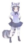  1girl animal_ears black_bow black_footwear black_hair black_neckwear black_skirt bow bowtie breast_pocket breasts brown_eyes closed_mouth common_raccoon_(kemono_friends) elbow_gloves eyebrows eyebrows_visible_through_hair eyelashes facing_away full_body fur_collar gloves grey_hair ise_(0425) kemono_friends legs_apart loafers looking_at_viewer miniskirt multicolored multicolored_clothes multicolored_gloves multicolored_hair multicolored_legwear pleated_skirt pocket puffy_short_sleeves puffy_sleeves purple_shirt raccoon_ears raccoon_tail shirt shoes short_hair short_sleeves simple_background skirt small_breasts smile solo striped_tail tail white_background white_hair 