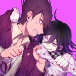  2boys ahoge anger_vein angry battle beard black_hair checkered_neckwear clenched_hand clenched_teeth clothes_grab collared_shirt cravat crazy_eyes dangan_ronpa eye_contact facial_hair grabbing hair_between_eyes highres jacket long_sleeves looking_at_another male_focus momota_kaito multiple_boys nanin new_dangan_ronpa_v3 open_clothes open_jacket open_mouth ouma_kokichi pink_background purple_hair purple_jacket school_uniform shirt simple_background teeth upper_body violet_eyes white_shirt wing_collar 