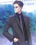  1boy aconitea artist_name black_eyes black_hair blurry building bush depth_of_field earrings formal hand_in_pocket highres jewelry looking_to_the_side male_focus necktie original solo stud_earrings suit upper_body 