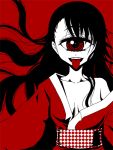  1girl :p bangs breasts commentary_request cyclops japanese_clothes kimono long_hair long_sleeves looking_at_viewer medium_breasts monochrome obi off_shoulder one-eyed original red red_background sash shake-o simple_background single_bare_shoulder smile solo tongue tongue_out upper_body 