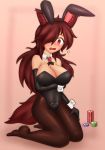  1girl animal_ears blush breasts brown_hair bunny_girl bunnysuit cleavage collarbone commentary_request elbow_gloves fang gloves hair_over_one_eye highres imaizumi_kagerou julian_semenov large_breasts long_hair open_mouth pubic_tattoo rabbit_ears red_eyes sitting solo sweatdrop tail tattoo touhou wolf_ears wolf_tail 