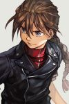  1boy black_jacket blue_eyes braid brown_hair closed_mouth duo_maxwell grey_background gundam gundam_wing hair_between_eyes hankuri jacket leather leather_jacket long_hair ponytail red_shirt shirt short_sleeves simple_background single_braid smile solo upper_body 