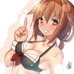  1girl :d adapted_costume armpits ayagi_daifuku bangs bare_arms bare_shoulders bikini bikini_top black_bikini blush breasts brown_eyes brown_hair cleavage collarbone eyebrows_visible_through_hair grin hairband index_finger_raised kantai_collection lips long_hair looking_at_viewer medium_breasts open_mouth red_hairband shiny shiny_hair shiny_skin shiratsuyu_(kantai_collection) signature sketch smile solo swimsuit teet upper_body v-shaped_eyebrows wrist_cuffs 