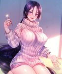 1girl :d black_hair breasts character_request fate/grand_order fate_(series) hand_up large_breasts long_hair moe_(hamhamham) open_mouth ribbed_sweater sitting smile solo sweater very_long_hair violet_eyes 