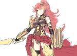 1girl alternate_universe cat_with_a_brush check_commentary commentary_request green_eyes long_hair pyrrha_nikos redhead rwby sash shield solo sword weapon 