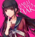  1girl bangs black_sailor_collar blunt_bangs character_name closed_mouth dangan_ronpa dutch_angle eyebrows_visible_through_hair finger_to_mouth hair_ornament hair_scrunchie harukawa_maki index_finger_raised lanlanlu_(809930257) long_hair long_sleeves looking_at_viewer low_twintails mole mole_under_eye neckerchief new_dangan_ronpa_v3 red_eyes red_shirt sailor_collar school_uniform scrunchie serafuku serious shirt shushing sidelocks solo twintails upper_body white_neckwear 